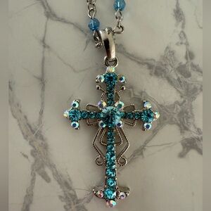 Teal Crystal Cross Pendant Necklace